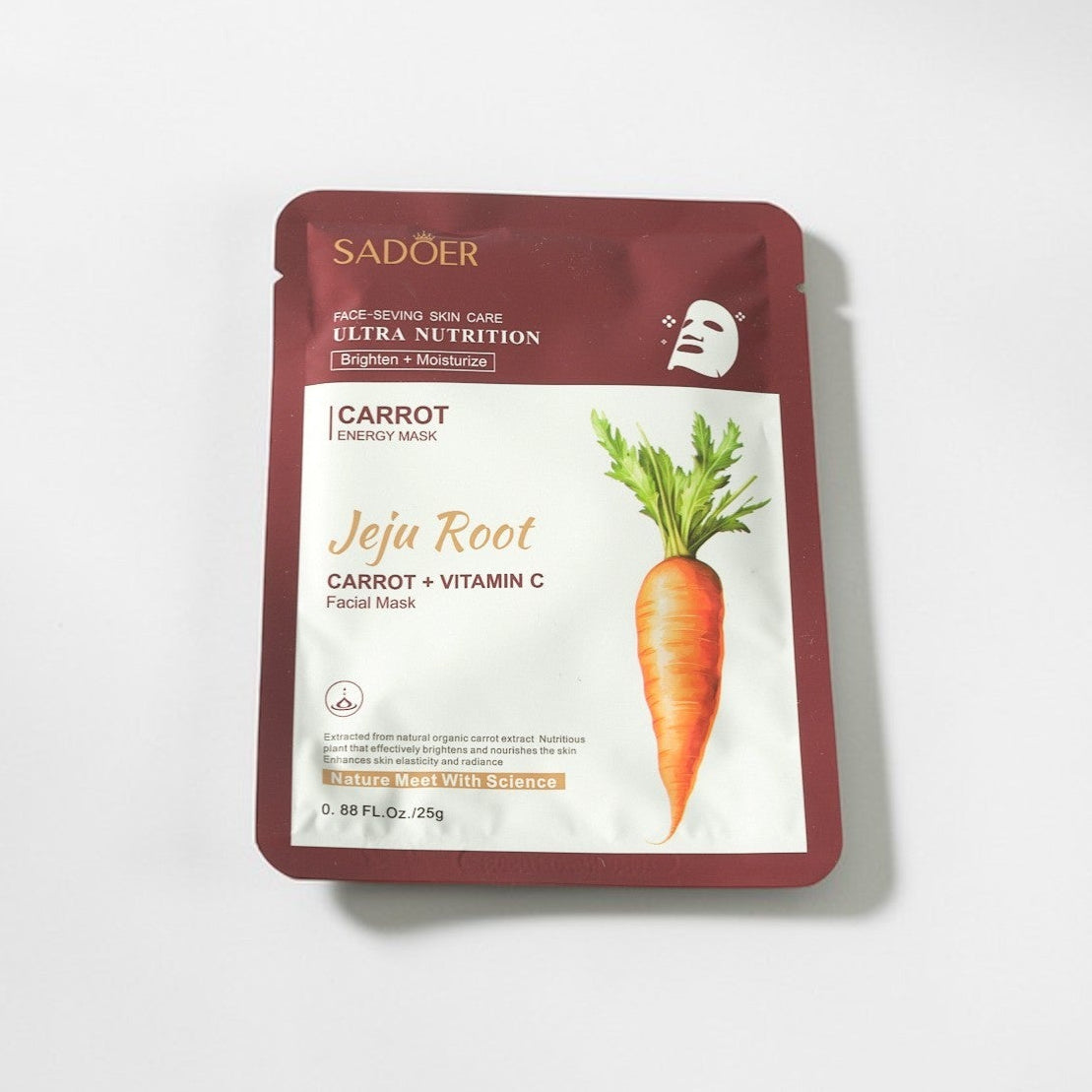 Carrot facial sheet mask on a white background