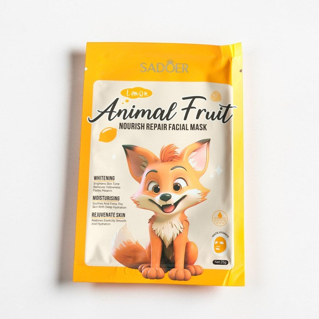 Facial mask package with a fox character on a white background