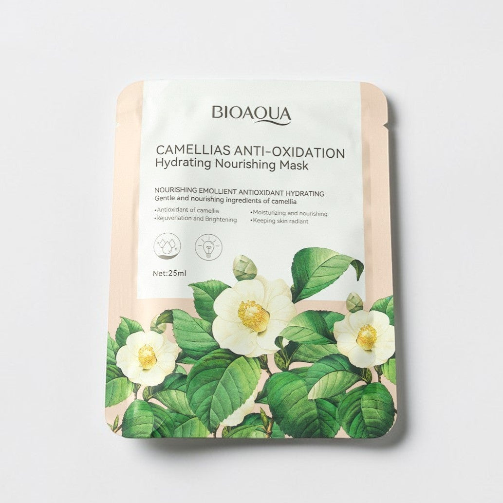 Bioaqua camellia anti-oxidation hydrating nourishing mask packaging on a white background