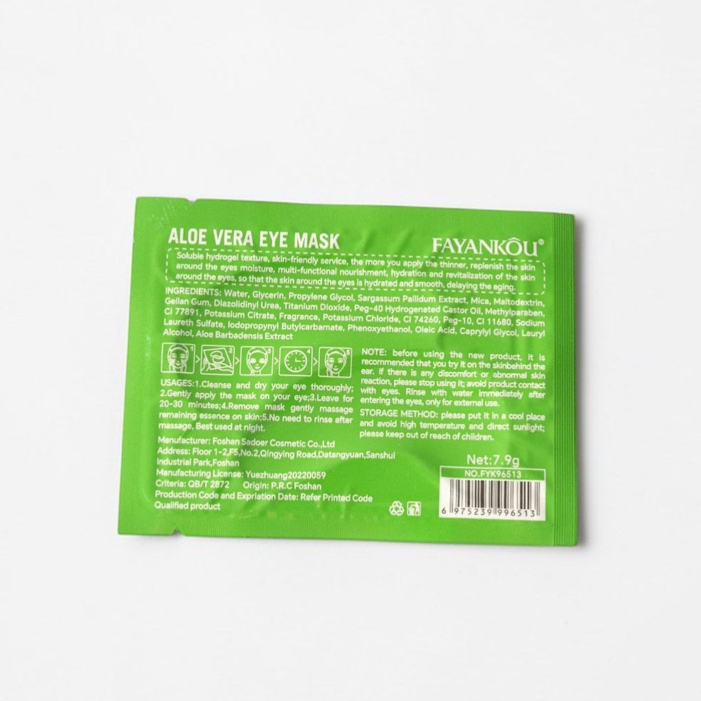 Green aloe vera eye mask packaging on a white background